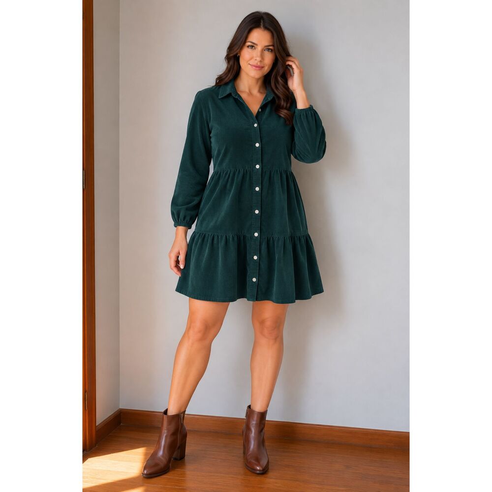 J.Crew Women's Corduroy Tiered Shirt Dress Forest Green Size 12